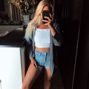 Grey and black striped long cardigan sweater